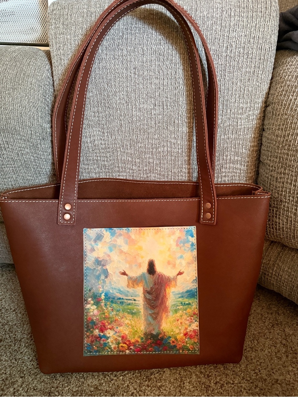 Handmade Brown Leather Tote Bag Western Christian Jesus Art Shoulder Purse